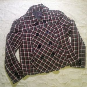 Forever 21 gray/red/white Plaid Cropped Pea Coat S